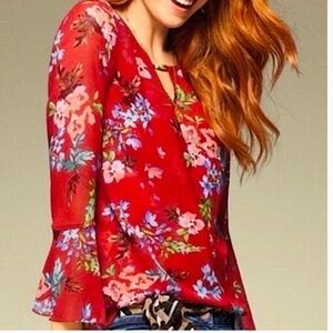 CAbi Devoted Red Floral Sheer Sleeve Blouse
